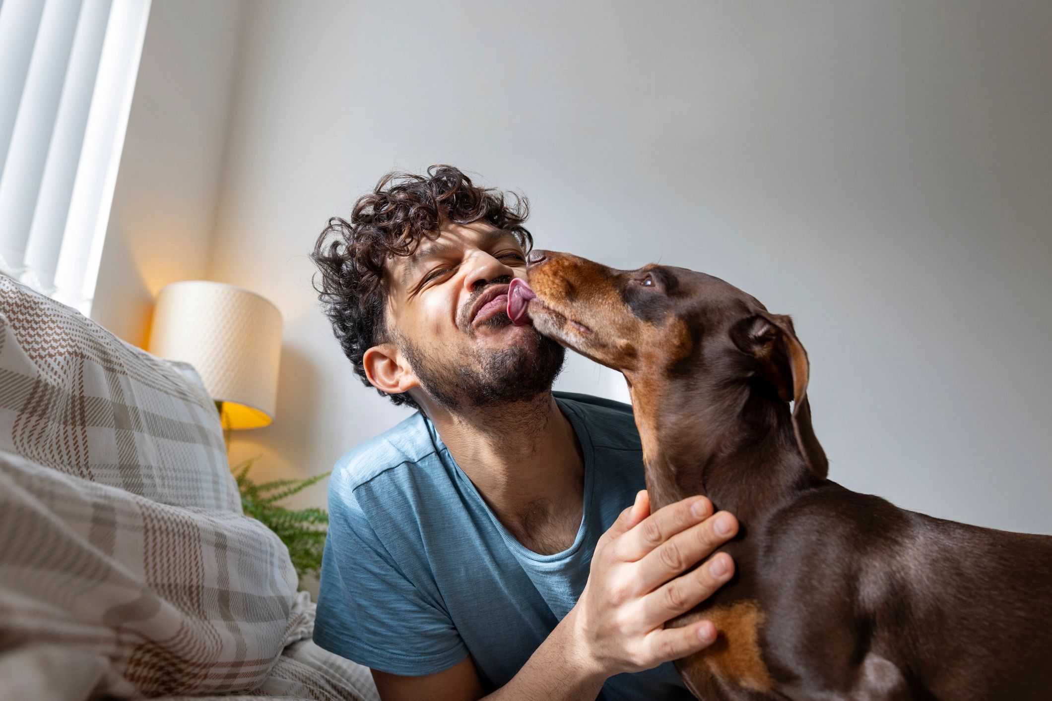 Pet owner cuddling a small dog at home