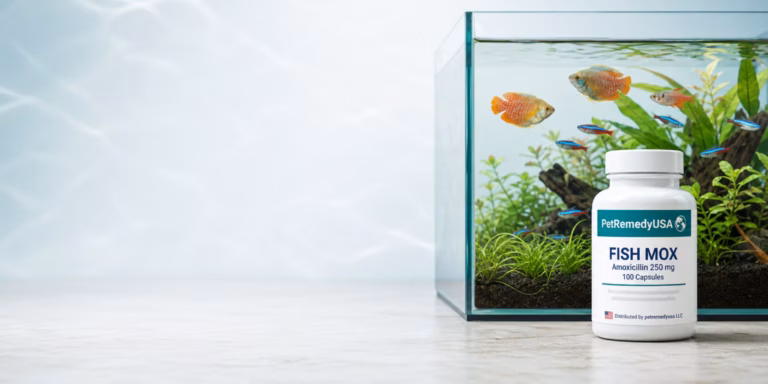 PetRemedyUSA Fish Mox bottle beside a planted ornamental fish aquarium